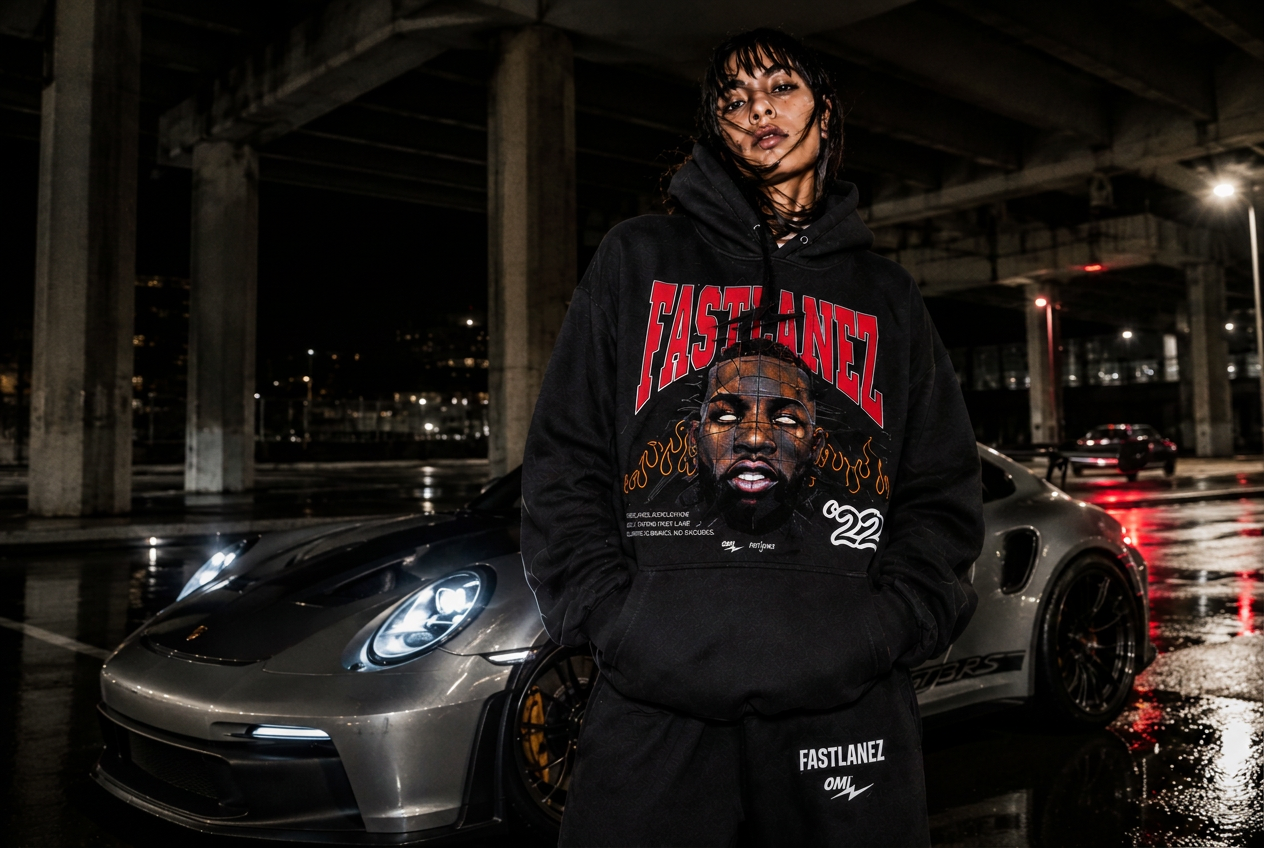 FASTLANEZ Chapter 01 — model in an oversized heavyweight FASTLANEZ hoodie under a wet overpass at night